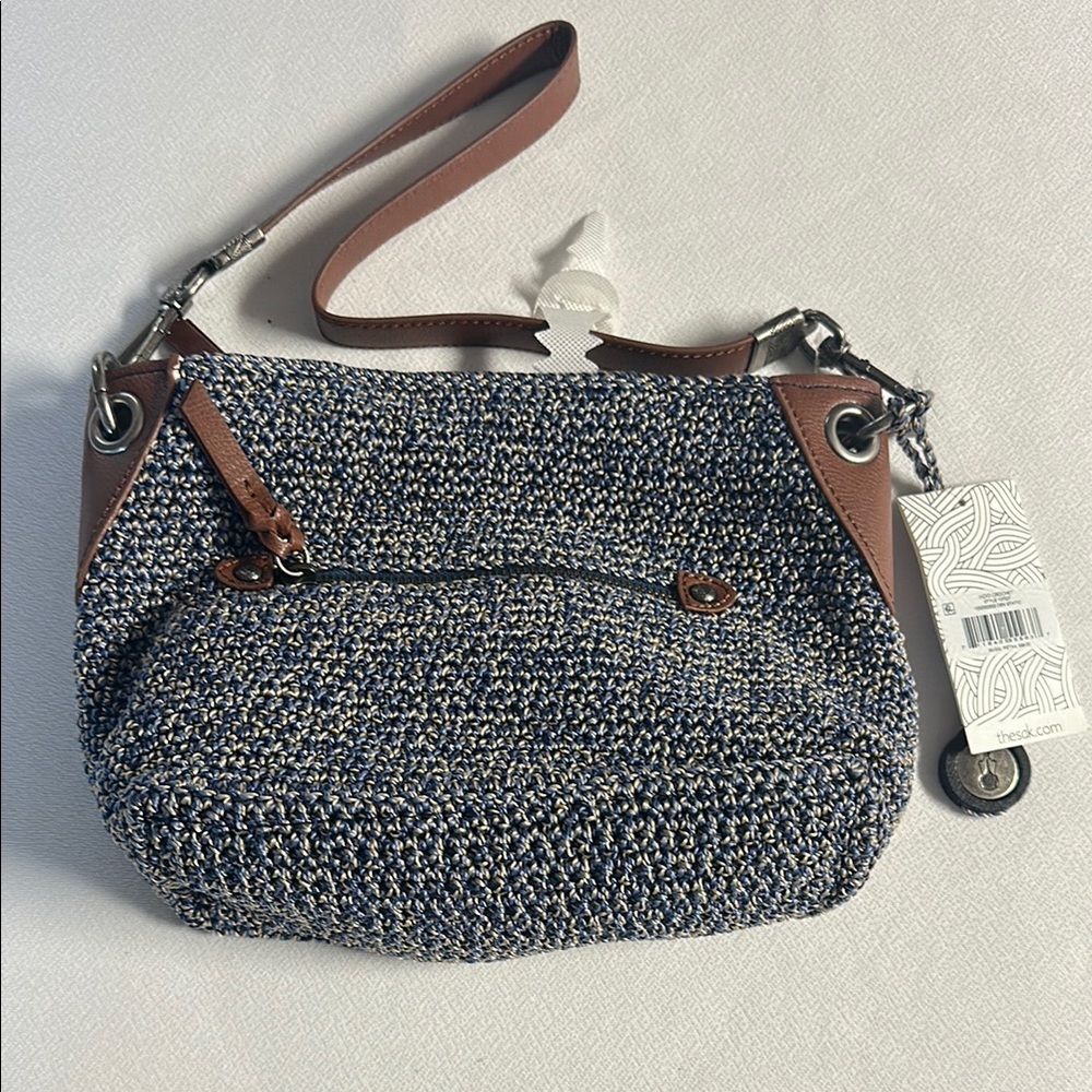 The Sak Blue Brown Indigo Crochet Woven Zip Detachable Strap Shoulder Bag